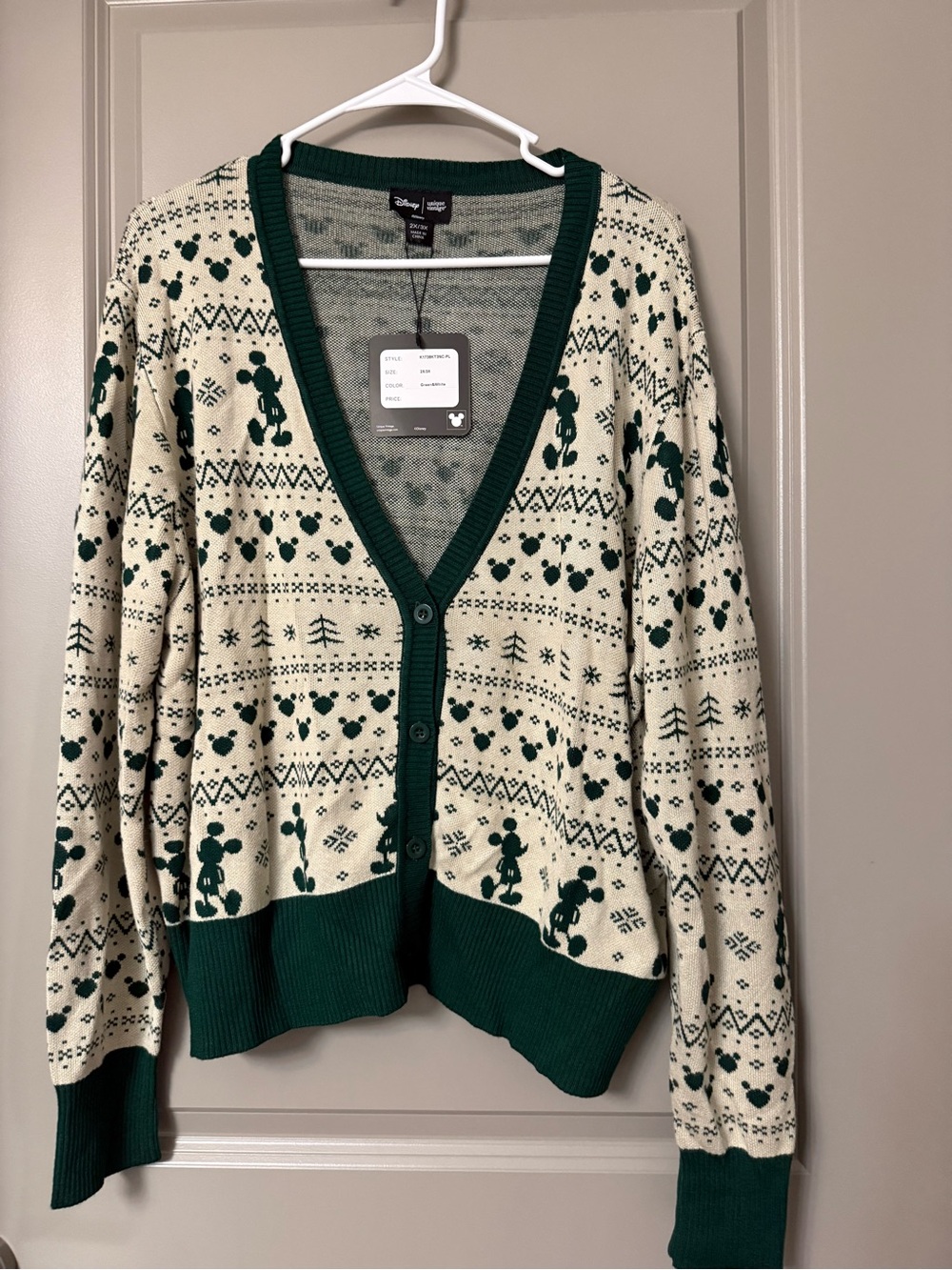 Unique Vintage Cream & Dark Green Mickey Fair Isle Cardigan